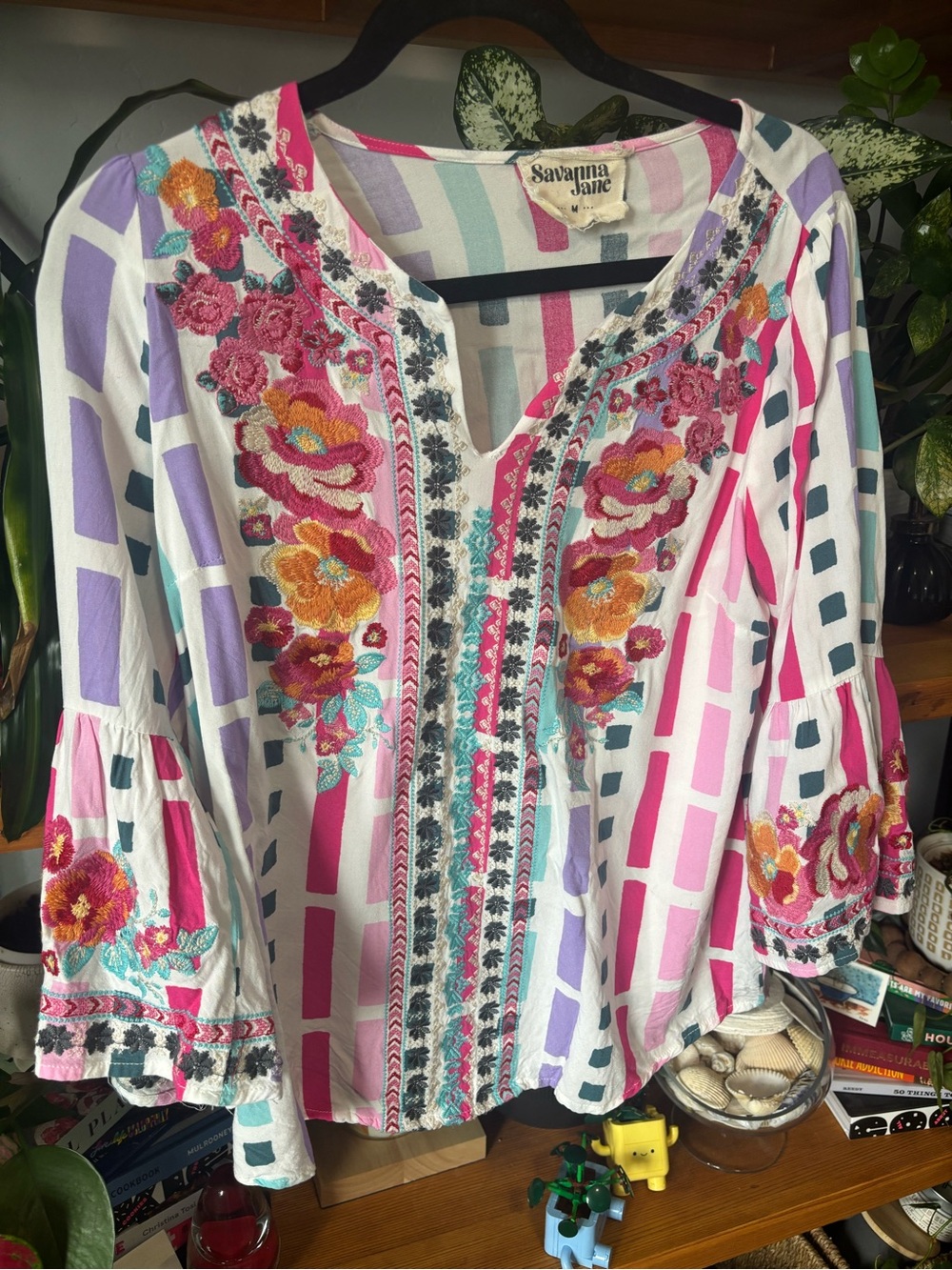 Savanna Jane White Pink Purple Multi-Color Embroidered Peasant Tunic | Medium - Picture 2 of 6